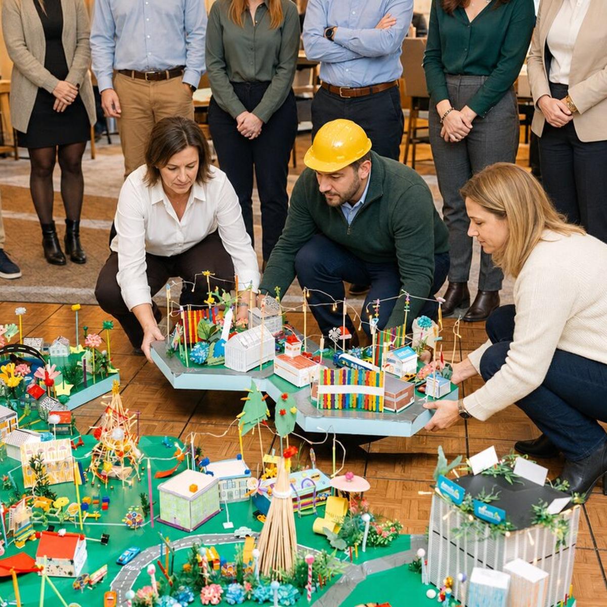 Echipă construind împreună un oraș în miniatură