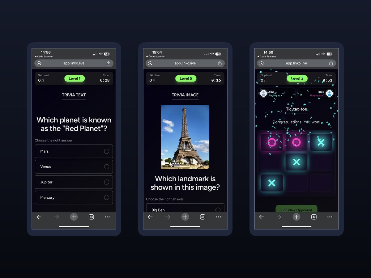 LinkO challenges featuring text trivia, photo trivia and the tic-tac-toe mini-game.