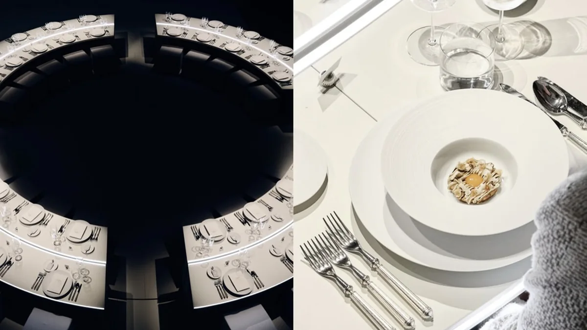 Circular dining table arrangement and a close-up of a plated dish at Louis Vuitton